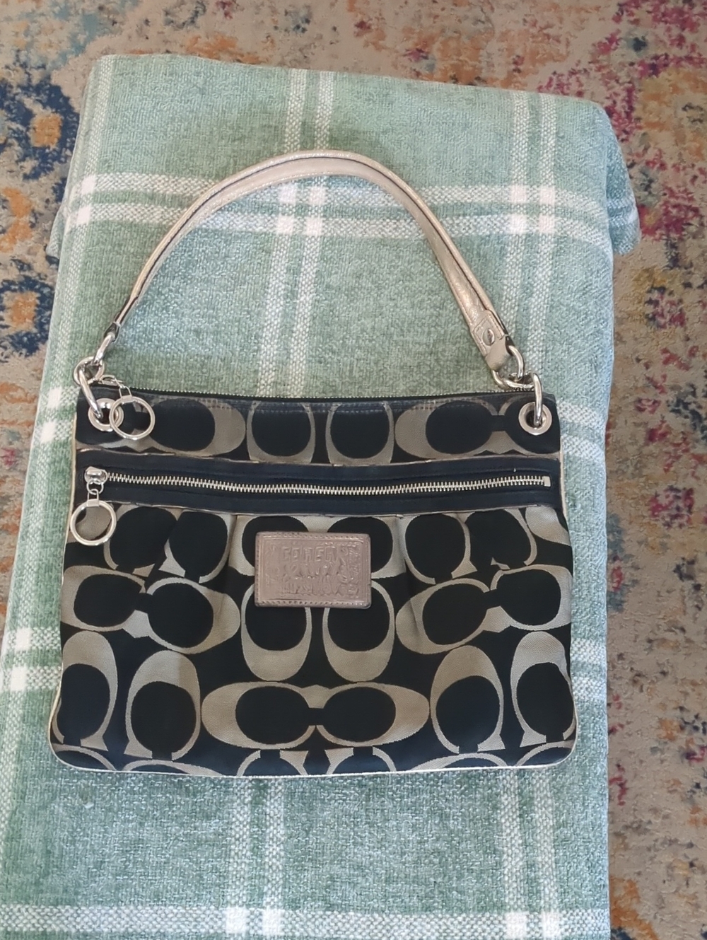 Coach Black and Gold Poppy Signature Shoulder Bag with Silver Strap